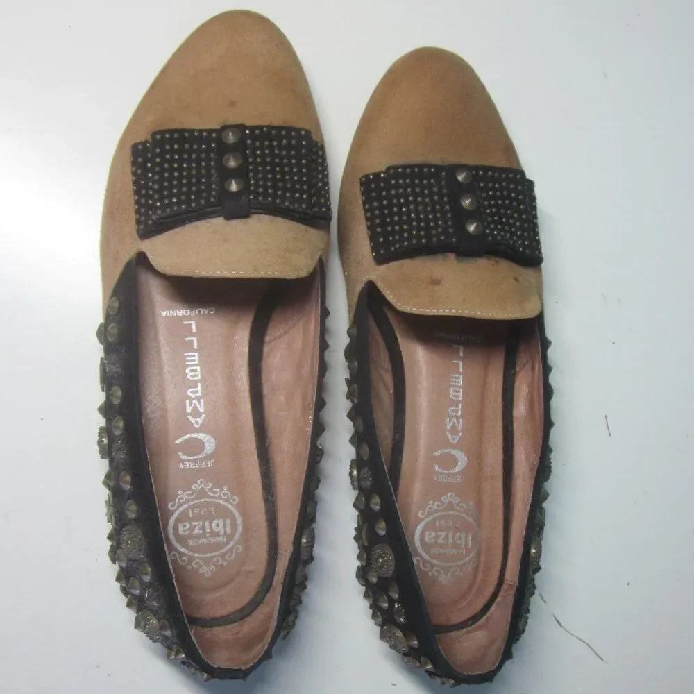 Jeffery Campbell Womens Size 7.5 Slip On Flats Studded Bow Loafer Tan / Black